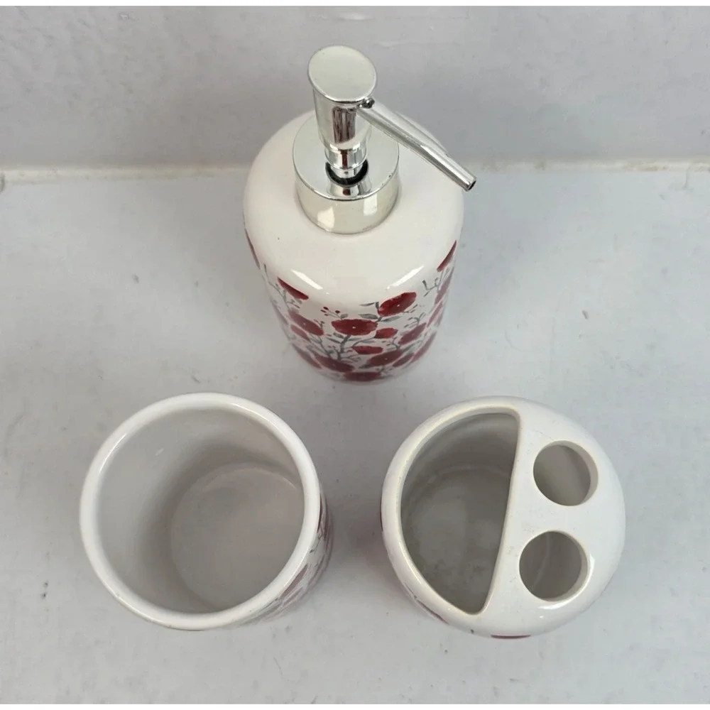 Modern Boho Ceramic Bathroom Accessories 3-Piece Set Red Floral Soap Dispenser - Picture 6 of 6